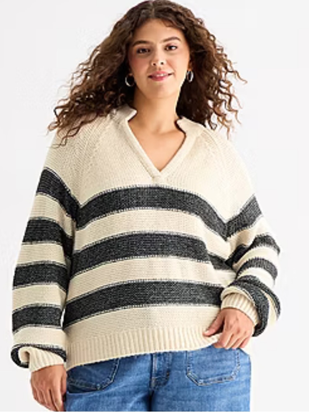 NWT- a.n.a Split Crew Neck Long Sleeve Striped Pullover Sweater Ivory/Charcoal